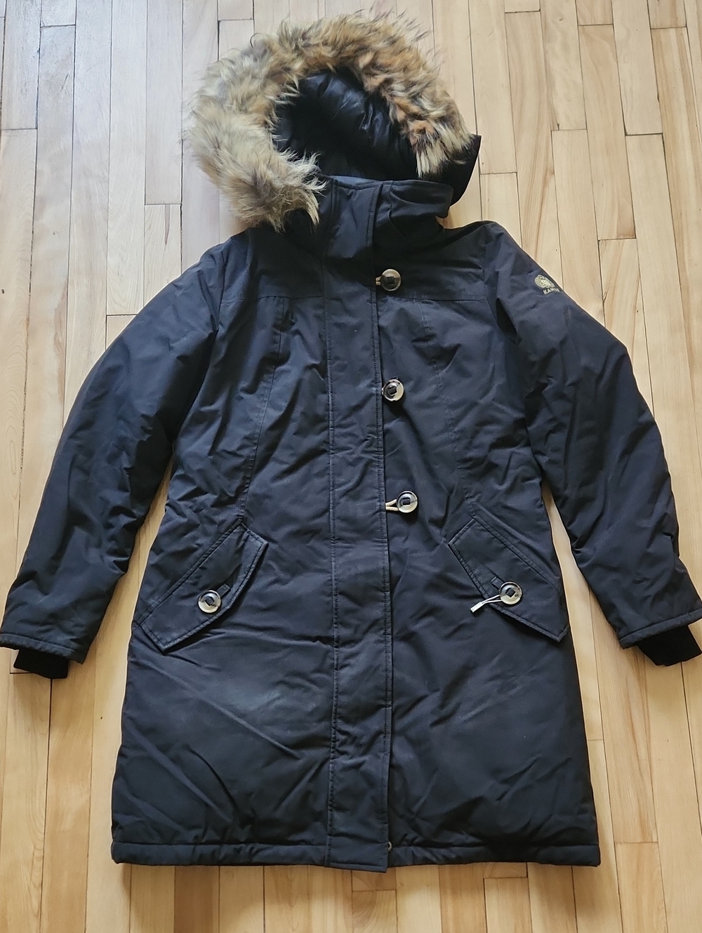 Women's Black Long Hooded Puffer Coat with Faux Fur Trim